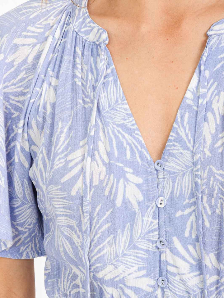 WOMEN'S SHORT SLEEVE BUTTON UP TIERED LEAF PRINT MAXI DRESS