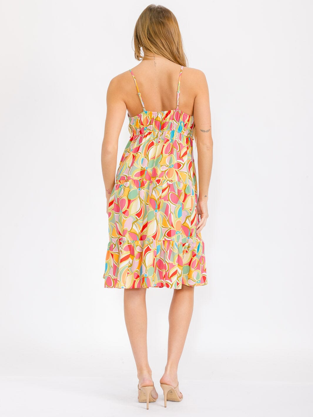 WOMEN'S SLEEVELESS MULTI PRINT TIERED MIDI DRESS