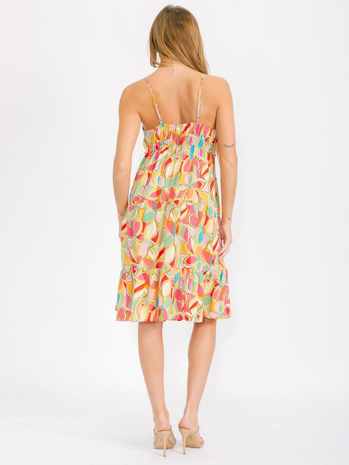 WOMEN'S SLEEVELESS MULTI PRINT TIERED MIDI DRESS