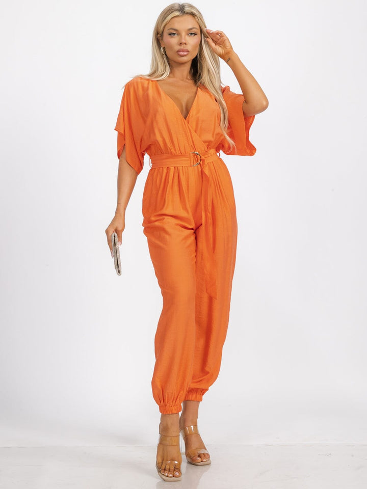 WOMEN'S SHORT SLEEVE SURPLICE FRINT POCKET SKINNY LEGS BELTED JUMPSUIT
