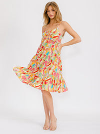 WOMEN'S SLEEVELESS MULTI PRINT TIERED MIDI DRESS