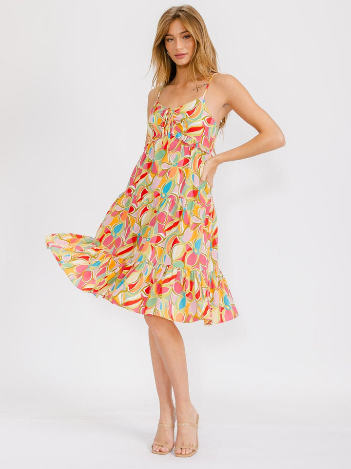 WOMEN'S SLEEVELESS MULTI PRINT TIERED MIDI DRESS