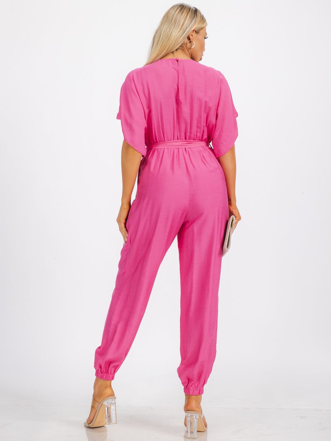 WOMEN'S SHORT SLEEVE SURPLICE FRINT POCKET SKINNY LEGS BELTED JUMPSUIT