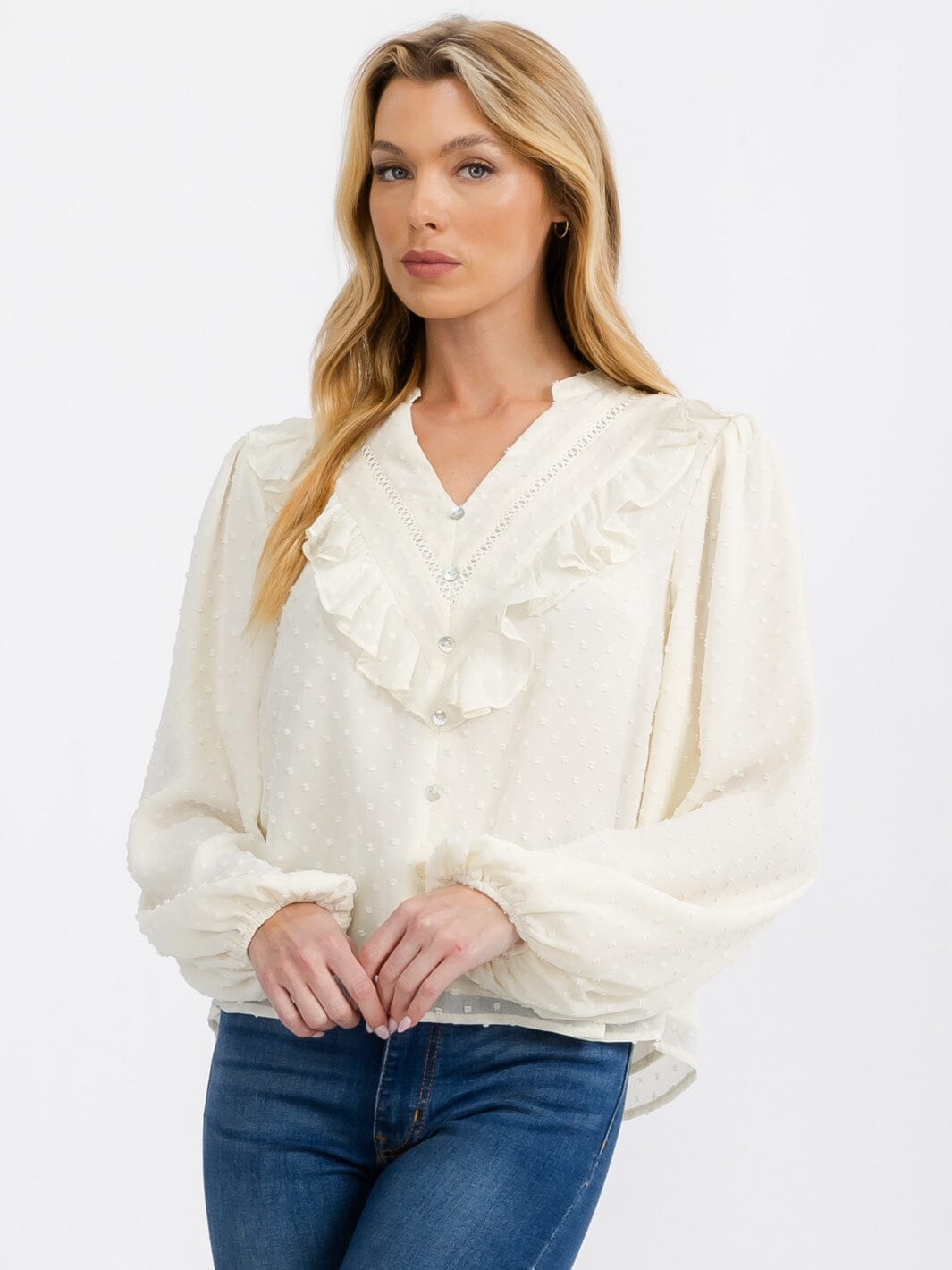 WOMEN'S LONG SLEEVE V-NECK BUTTON RUFFLE SWISS DOTS BLOUSE TOP