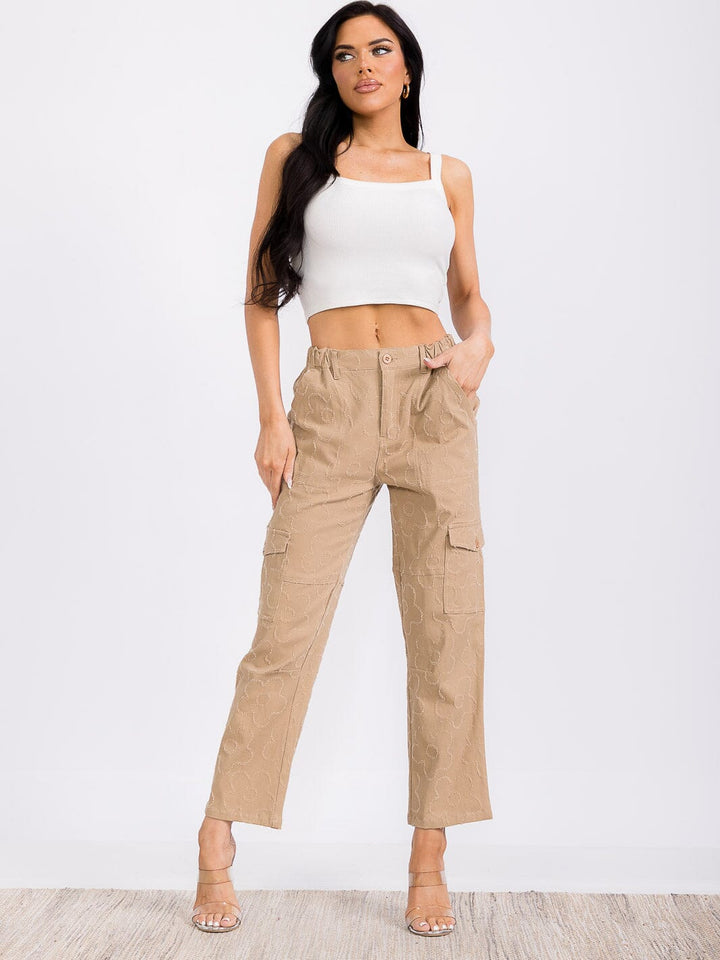 WOMEN'S BUTTON CLOSURE CARGO POCKETS FLOWER WIDE LEG PANTS