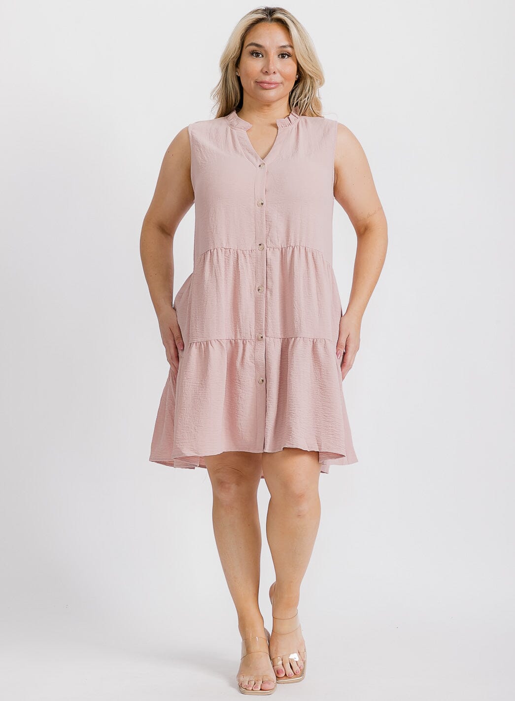 PLUS SIZE SLEEVELESS FRONT POCKETS TIERED TUNIC MINI DRESS