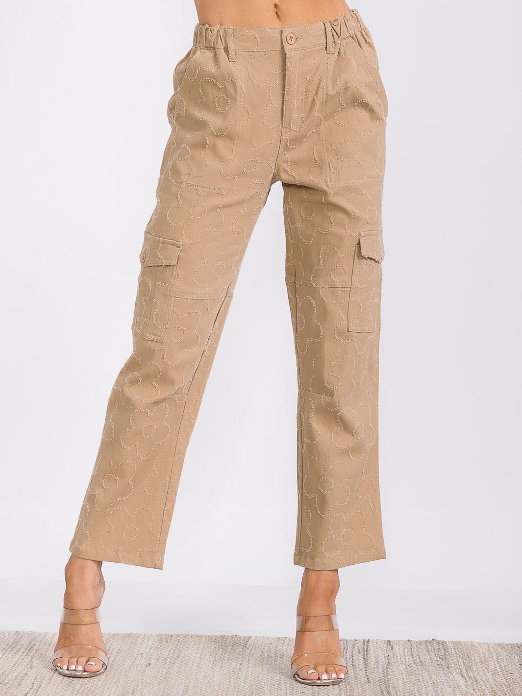 WOMEN'S BUTTON CLOSURE CARGO POCKETS FLOWER WIDE LEG PANTS