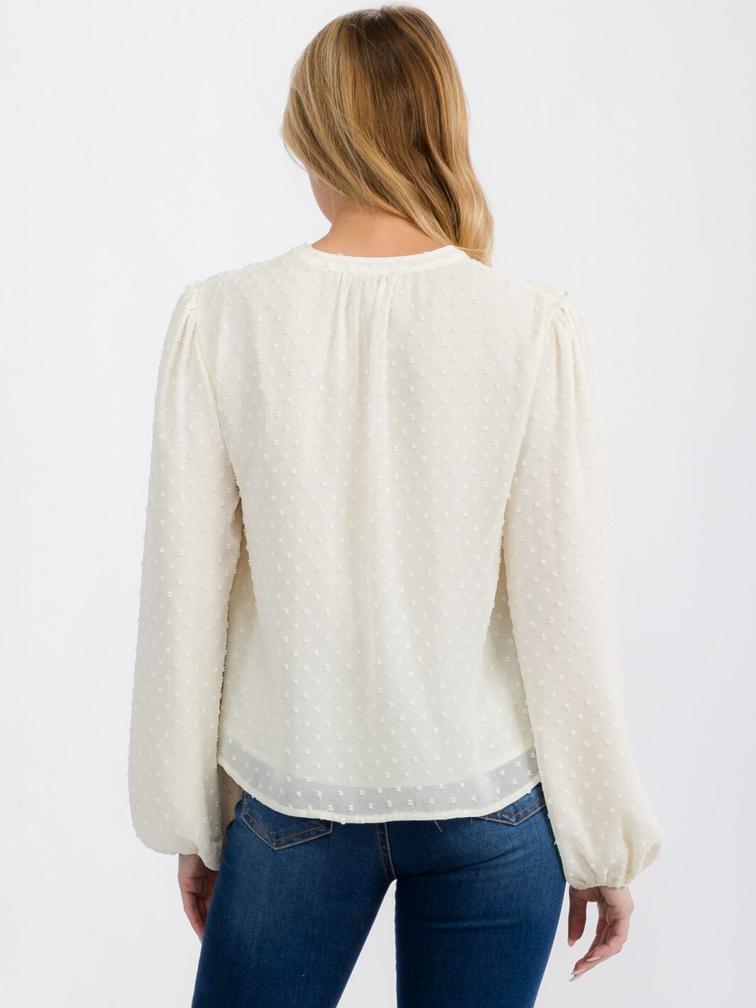 WOMEN'S LONG SLEEVE V-NECK BUTTON RUFFLE SWISS DOTS BLOUSE TOP