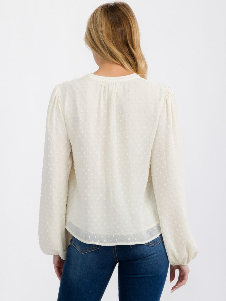 WOMEN'S LONG SLEEVE V-NECK BUTTON RUFFLE SWISS DOTS BLOUSE TOP