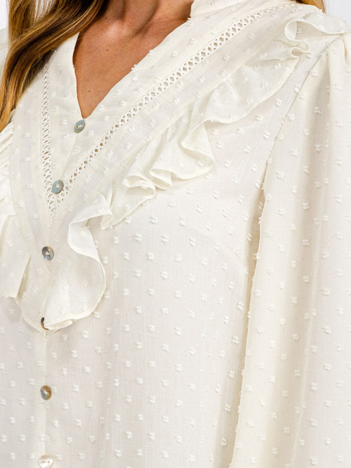 WOMEN'S LONG SLEEVE V-NECK BUTTON RUFFLE SWISS DOTS BLOUSE TOP