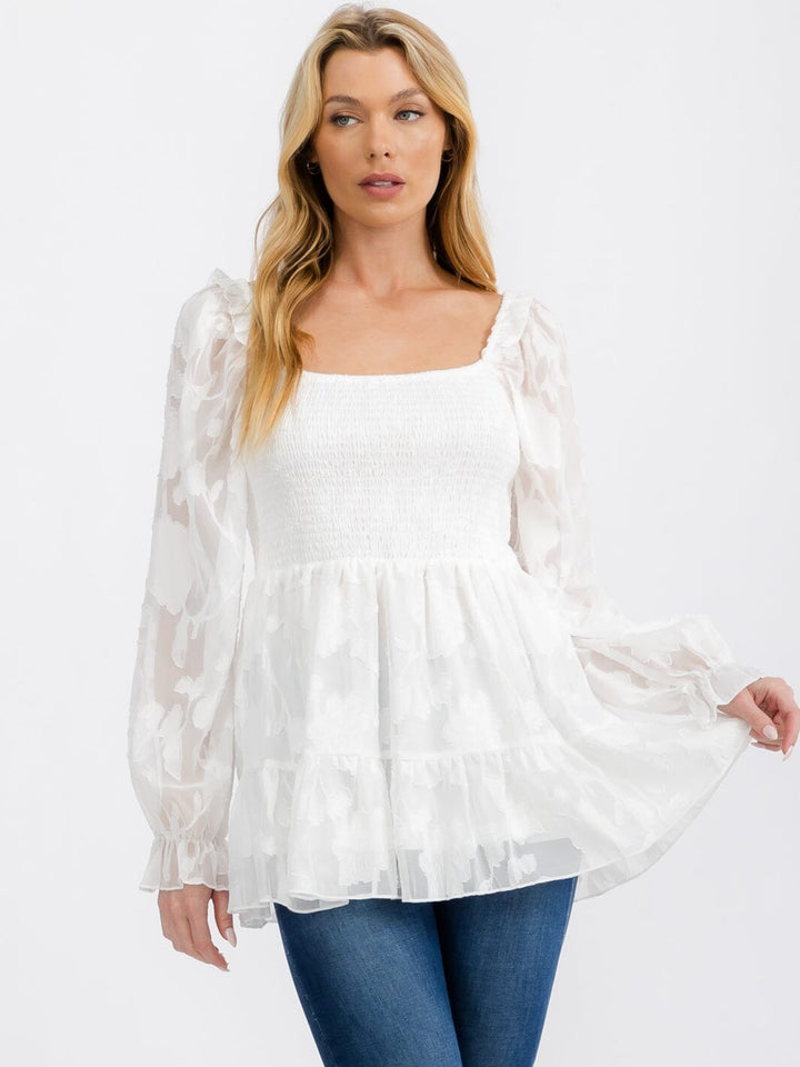 WOMEN'S LONG SLEEVE SQUARE NECK SMOCK PEPLUM BLOUSE TOP