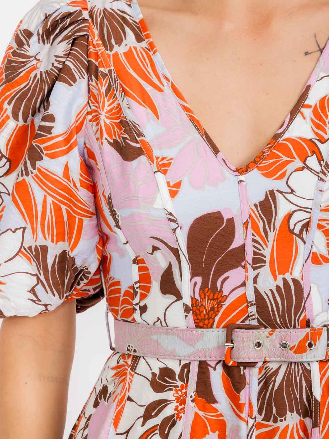 WOMEN'S SHORT PUFF SLEEVE V-NECK BELTED FLORAL MINI DRESS