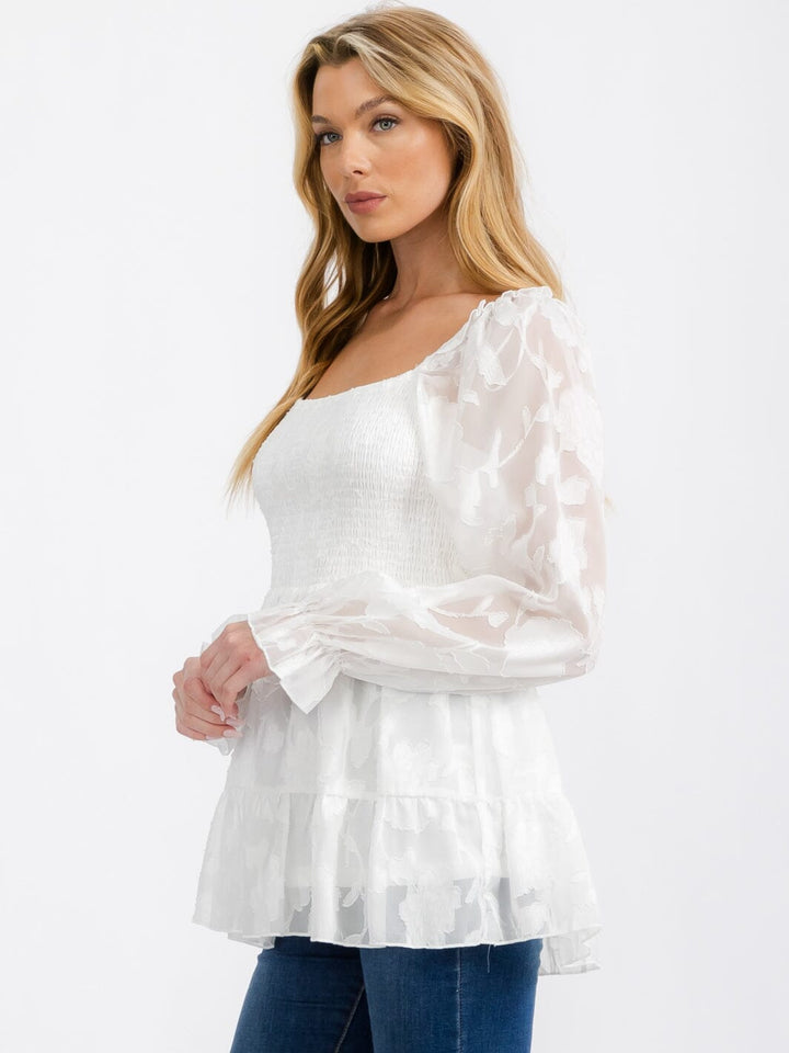 WOMEN'S LONG SLEEVE SQUARE NECK SMOCK PEPLUM BLOUSE TOP