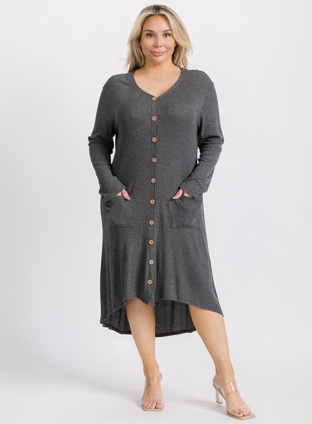 PLUS SIZE LONG SLEEVE BUTTON UP FRONT POCKETS HIGH-LOW TUNIC MIDI DRESS
