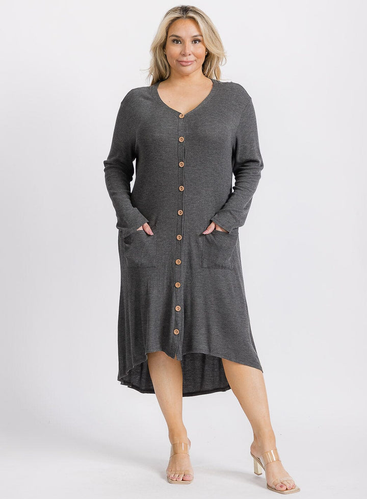 PLUS SIZE LONG SLEEVE BUTTON UP FRONT POCKETS HIGH-LOW TUNIC MIDI DRESS