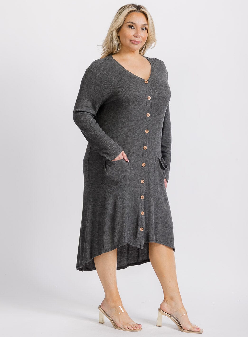 PLUS SIZE LONG SLEEVE BUTTON UP FRONT POCKETS HIGH-LOW TUNIC MIDI DRESS