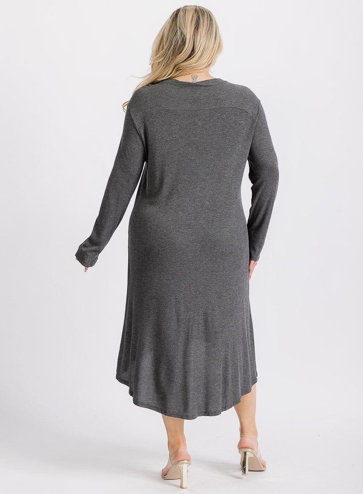 PLUS SIZE LONG SLEEVE BUTTON UP FRONT POCKETS HIGH-LOW TUNIC MIDI DRESS