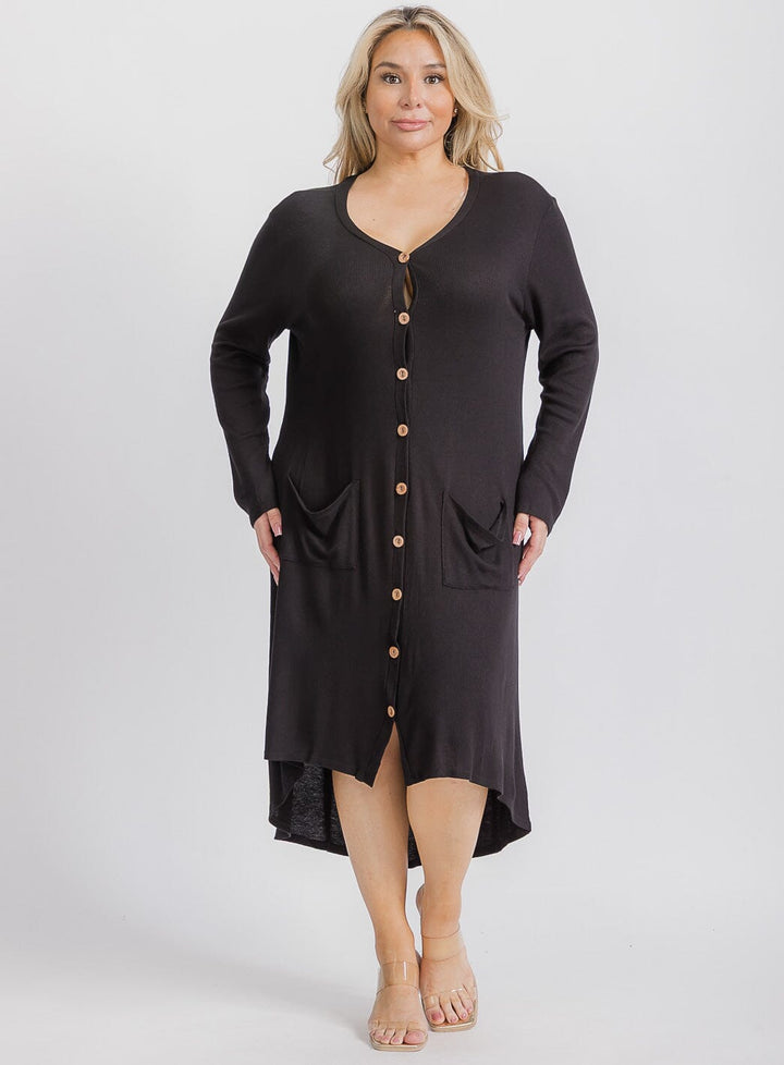 PLUS SIZE LONG SLEEVE BUTTON UP FRONT POCKETS HIGH-LOW TUNIC MIDI DRESS