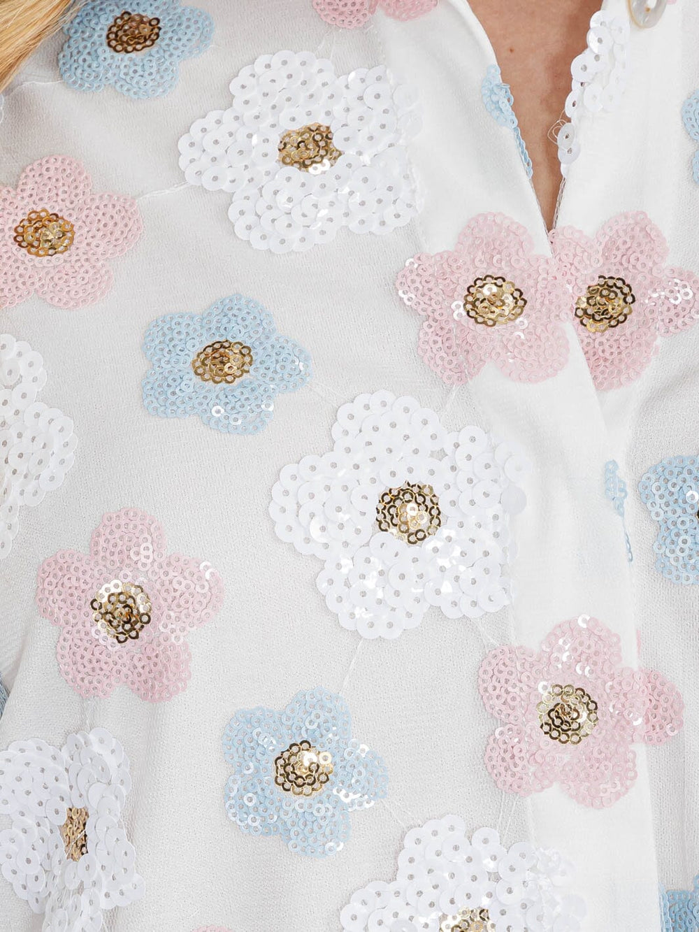 WOMEN'S LONG SLEEVE BUTTON UP FLOWERS SEQUINS TOP