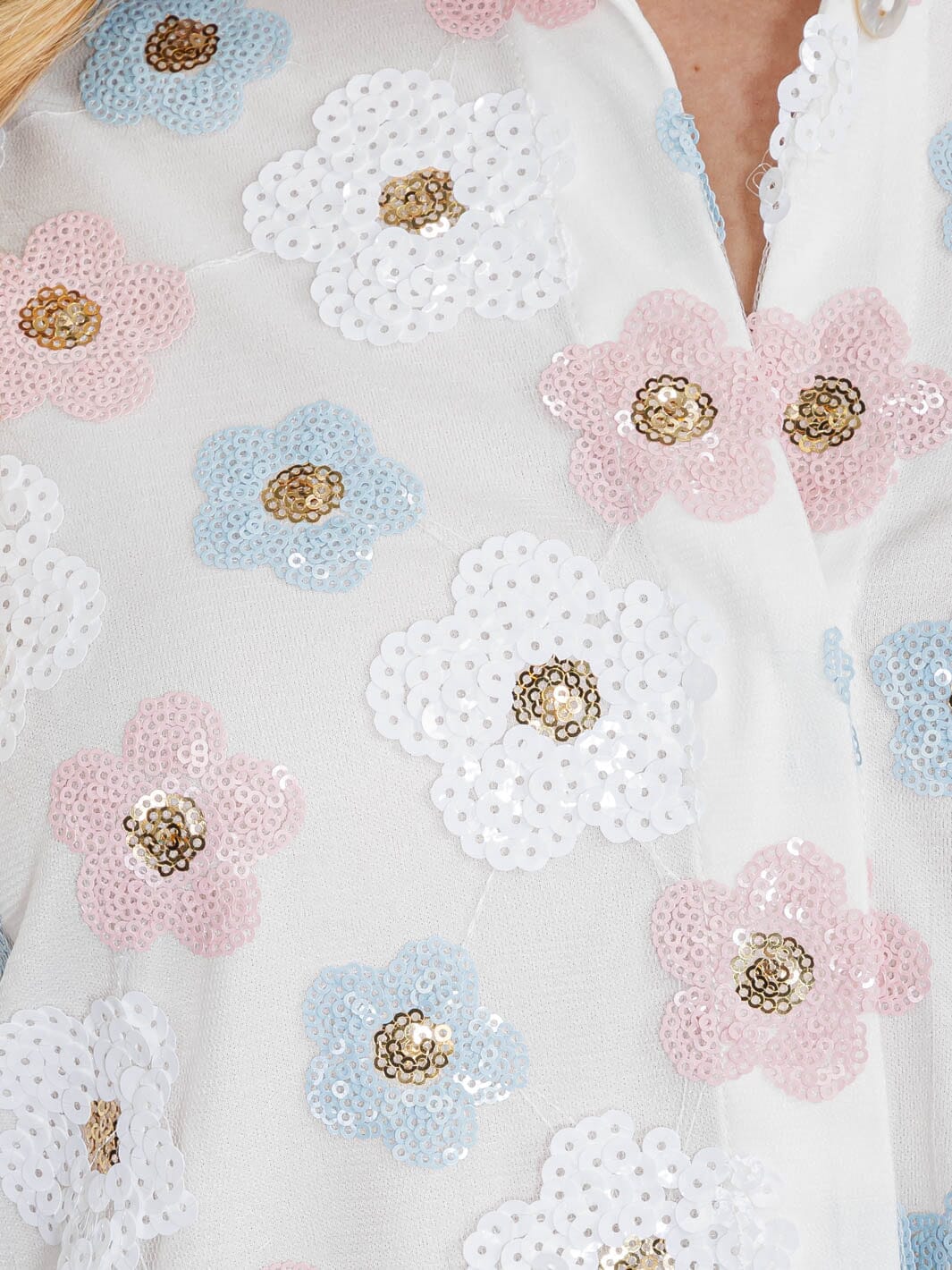 WOMEN'S LONG SLEEVE BUTTON UP FLOWERS SEQUINS TOP