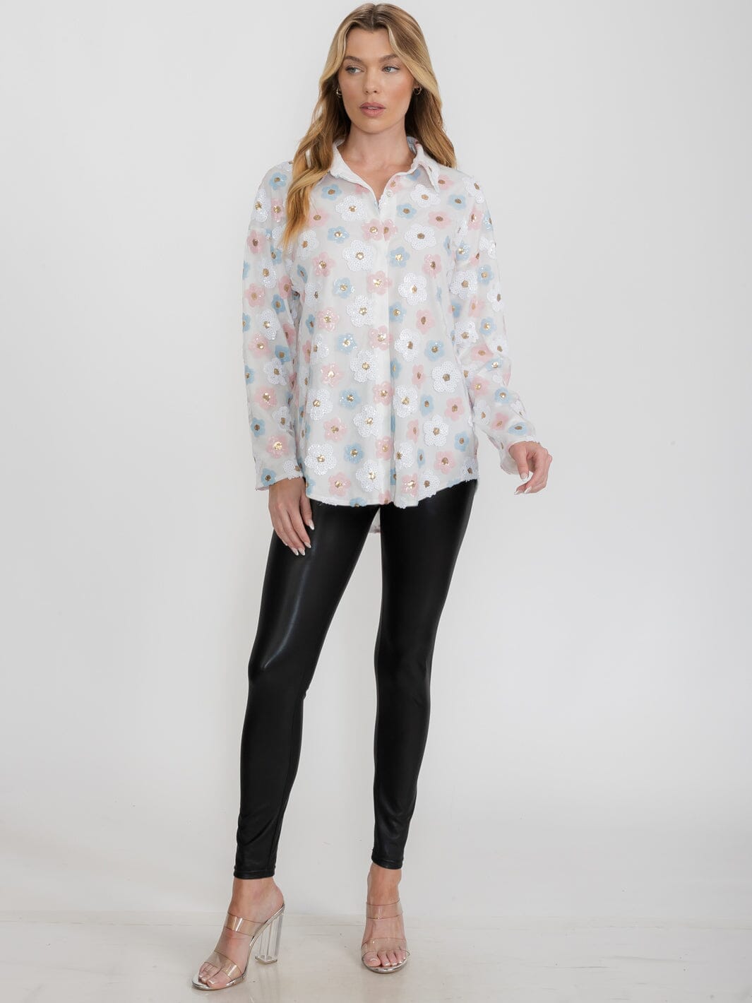 WOMEN'S LONG SLEEVE BUTTON UP FLOWERS SEQUINS TOP