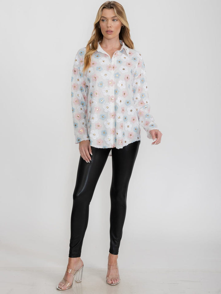 WOMEN'S LONG SLEEVE BUTTON UP FLOWERS SEQUINS TOP