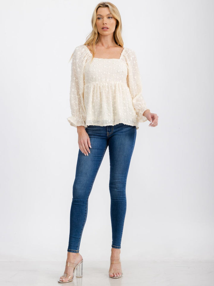 WOMEN'S LONG SLEEVE SQUARE NECK SMOCK SHIMMER PEPLUM BLOUSE TOP