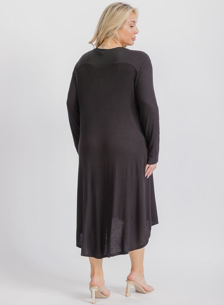 PLUS SIZE LONG SLEEVE BUTTON UP FRONT POCKETS HIGH-LOW TUNIC MIDI DRESS