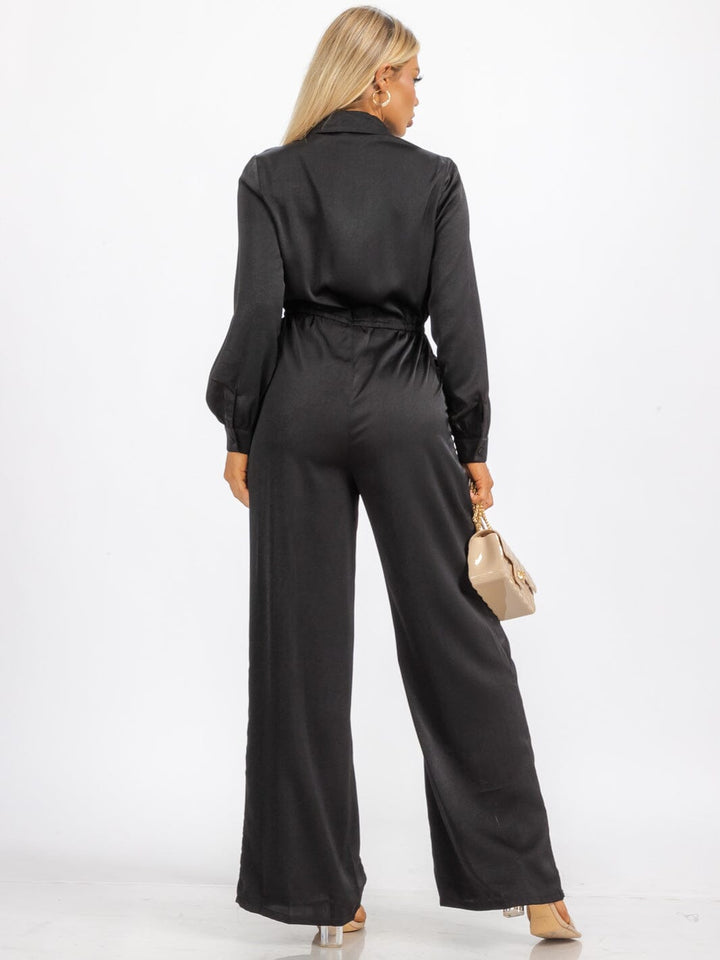WOMEN'S LONG SLEEVE BUTTON UP SELF TIE POCKETS WIDE LEG JUMPSUIT