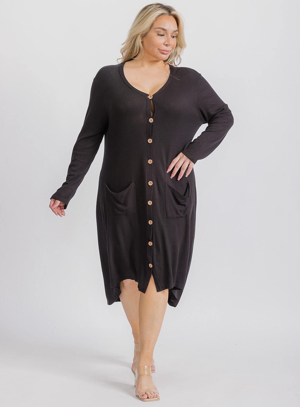 PLUS SIZE LONG SLEEVE BUTTON UP FRONT POCKETS HIGH-LOW TUNIC MIDI DRESS