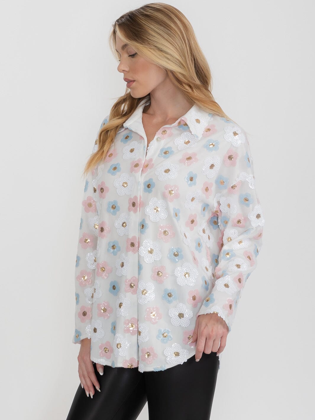 WOMEN'S LONG SLEEVE BUTTON UP FLOWERS SEQUINS TOP