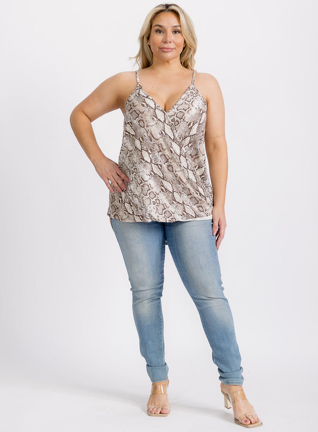 PLUS SIZE SLEEVELESS SURPLICE SNAKE PRINT TANK TOP