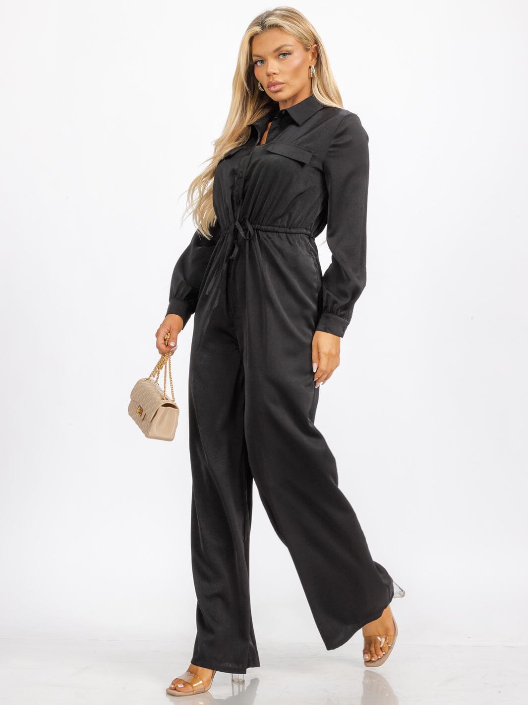 WOMEN'S LONG SLEEVE BUTTON UP SELF TIE POCKETS WIDE LEG JUMPSUIT