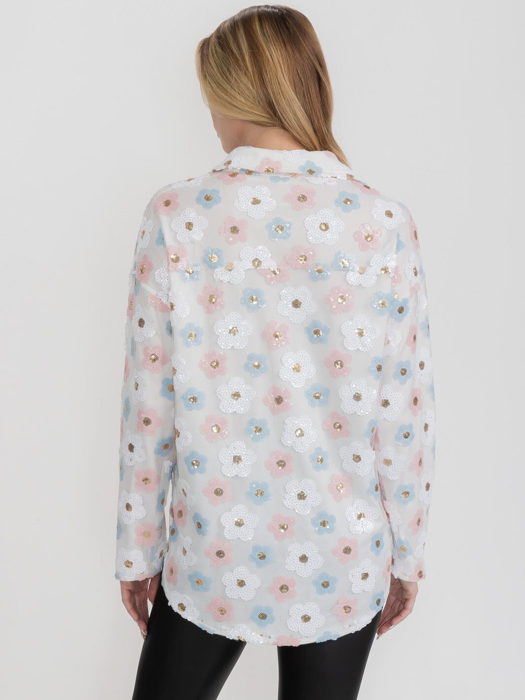 WOMEN'S LONG SLEEVE BUTTON UP FLOWERS SEQUINS TOP