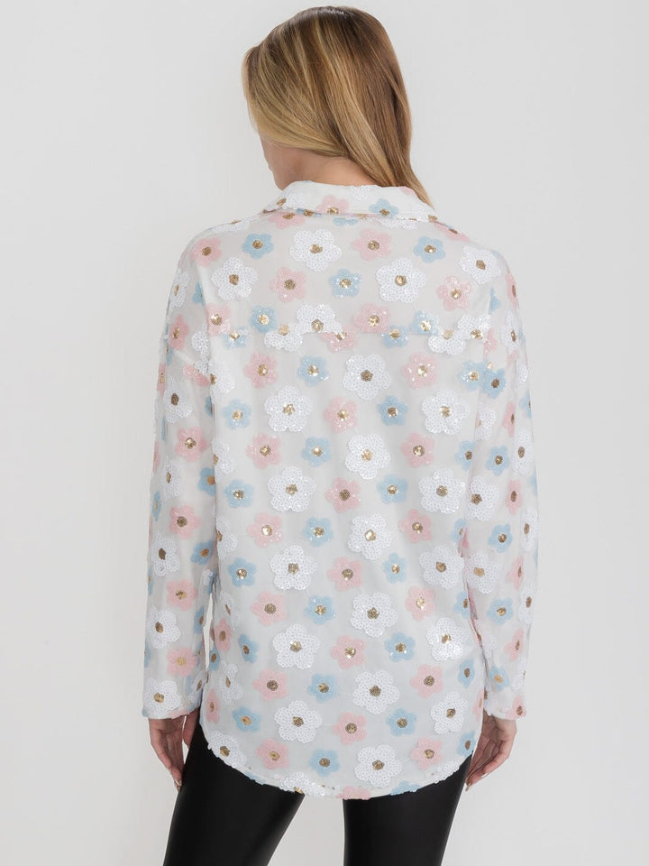 WOMEN'S LONG SLEEVE BUTTON UP FLOWERS SEQUINS TOP