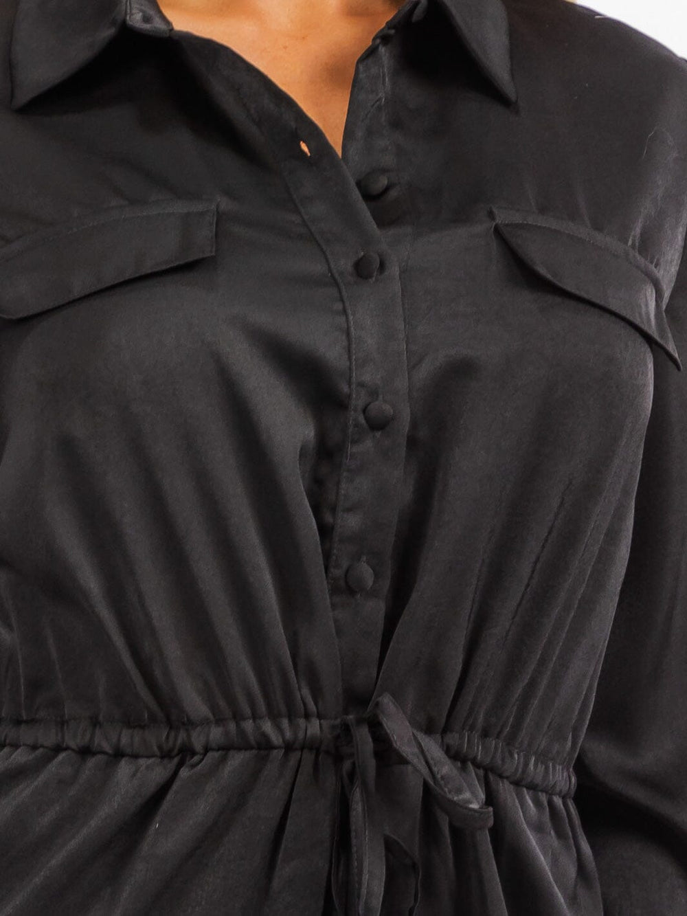 WOMEN'S LONG SLEEVE BUTTON UP SELF TIE POCKETS WIDE LEG JUMPSUIT