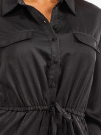 WOMEN'S LONG SLEEVE BUTTON UP SELF TIE POCKETS WIDE LEG JUMPSUIT