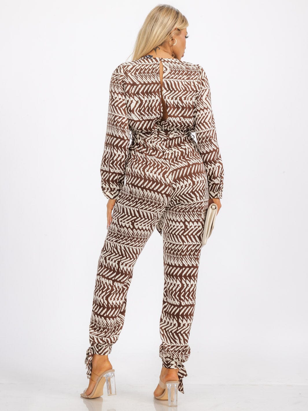 WOMEN'S LONG SLEEVE SURPLICE SELF TIE POCKETS PRINTED SKINNY LEG JUMPSUIT