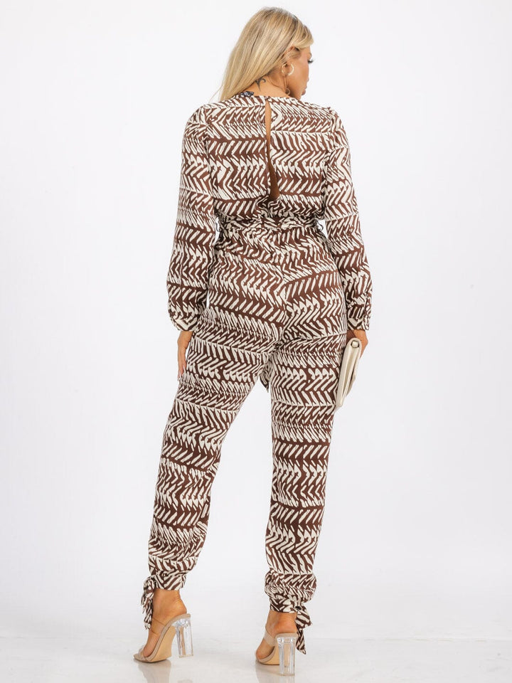 WOMEN'S LONG SLEEVE SURPLICE SELF TIE POCKETS PRINTED SKINNY LEG JUMPSUIT