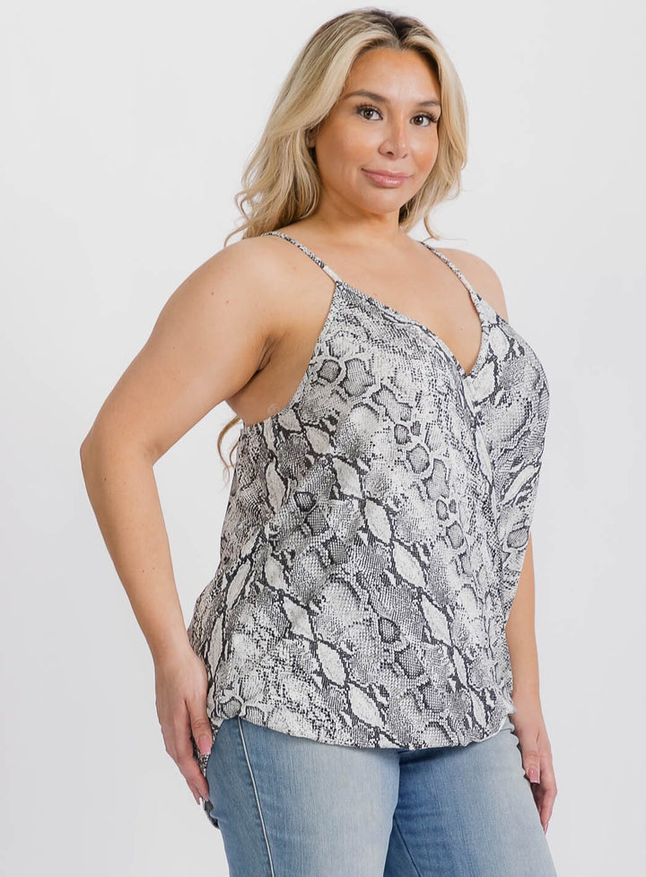 PLUS SIZE SLEEVELESS SURPLICE SNAKE PRINT TANK TOP