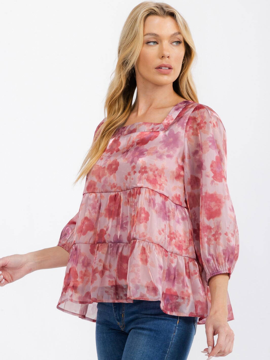 WOMEN'S LONG SLEEVE SQUARE NECK TIERED FLORAL BLOUSE TOP