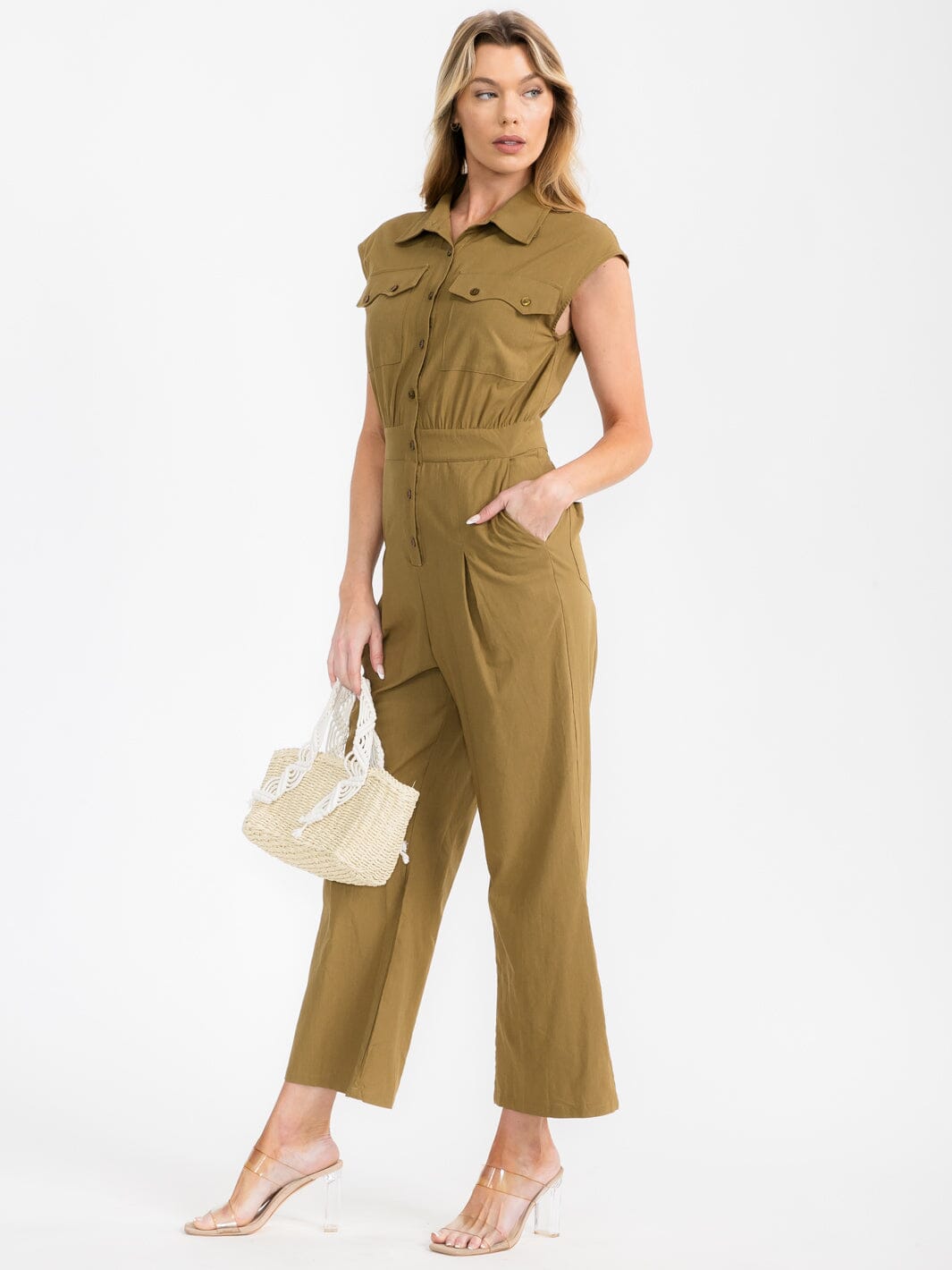 WOMEN'S SLEEVELESS BUTTON UP POCKETS WIDE LEG JUMPSUIT