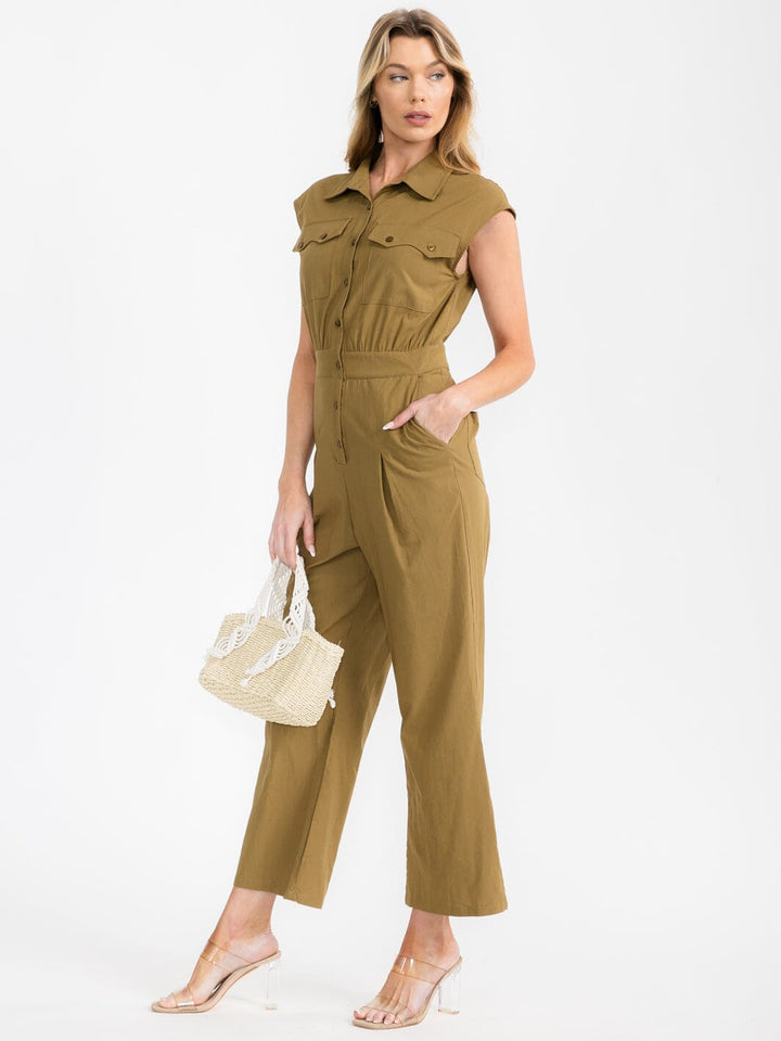 WOMEN'S SLEEVELESS BUTTON UP POCKETS WIDE LEG JUMPSUIT