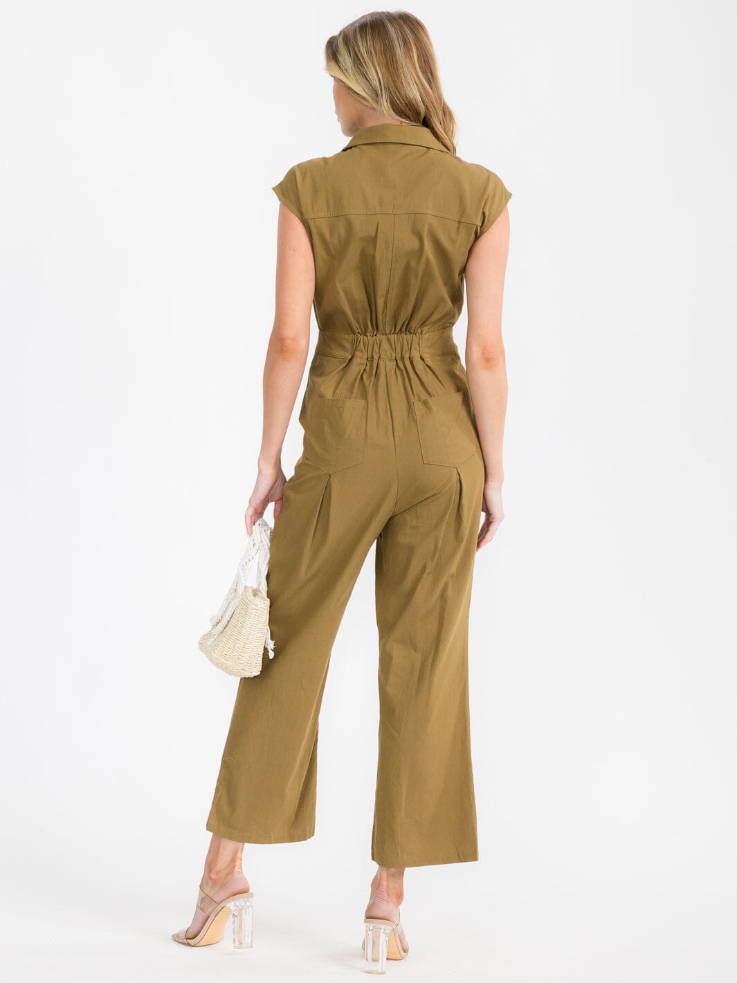 WOMEN'S SLEEVELESS BUTTON UP POCKETS WIDE LEG JUMPSUIT