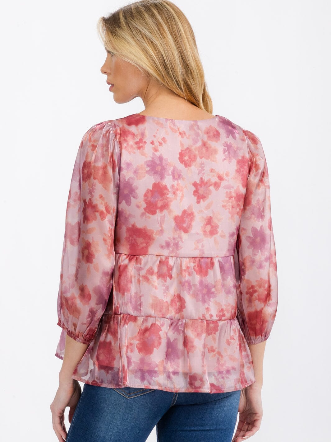 WOMEN'S LONG SLEEVE SQUARE NECK TIERED FLORAL BLOUSE TOP