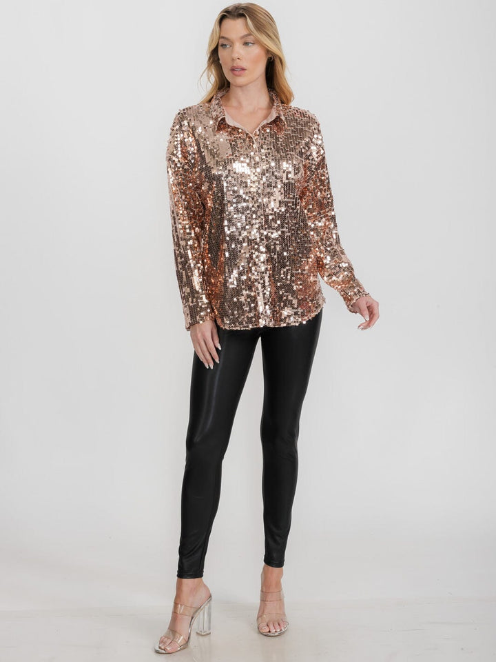WOMEN'S LONG SLEEVE BUTTON UP SEQUINS TOP