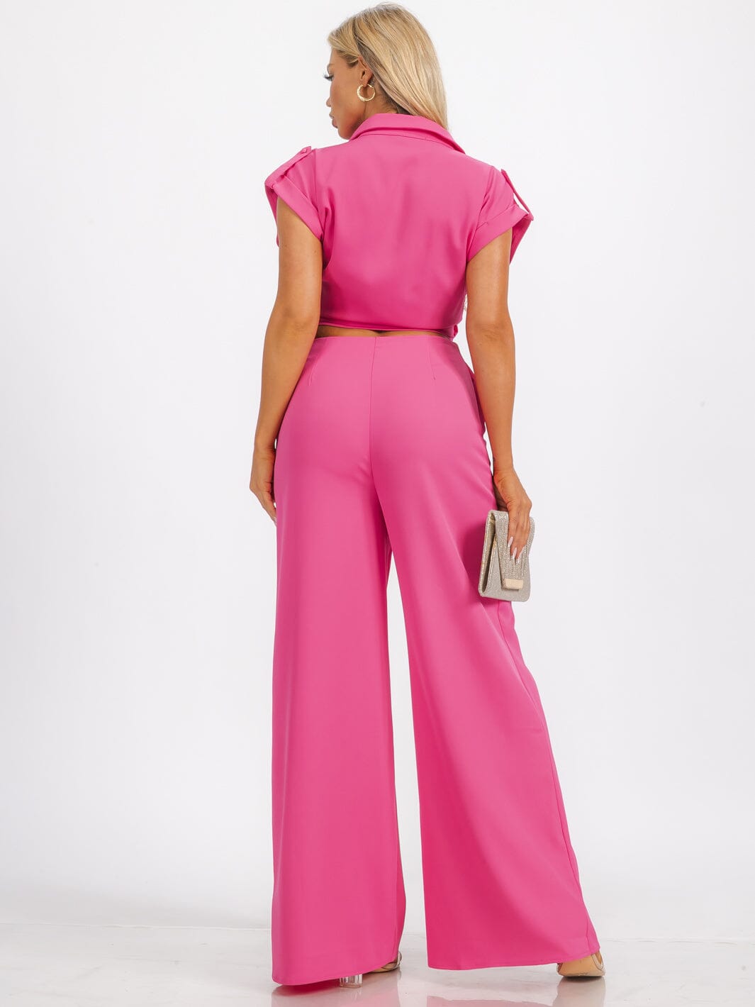 WOMEN'S SHORT SLEEVE WRAP TOP & ZIP UP WIDE LEG PANTS 2PC. SET