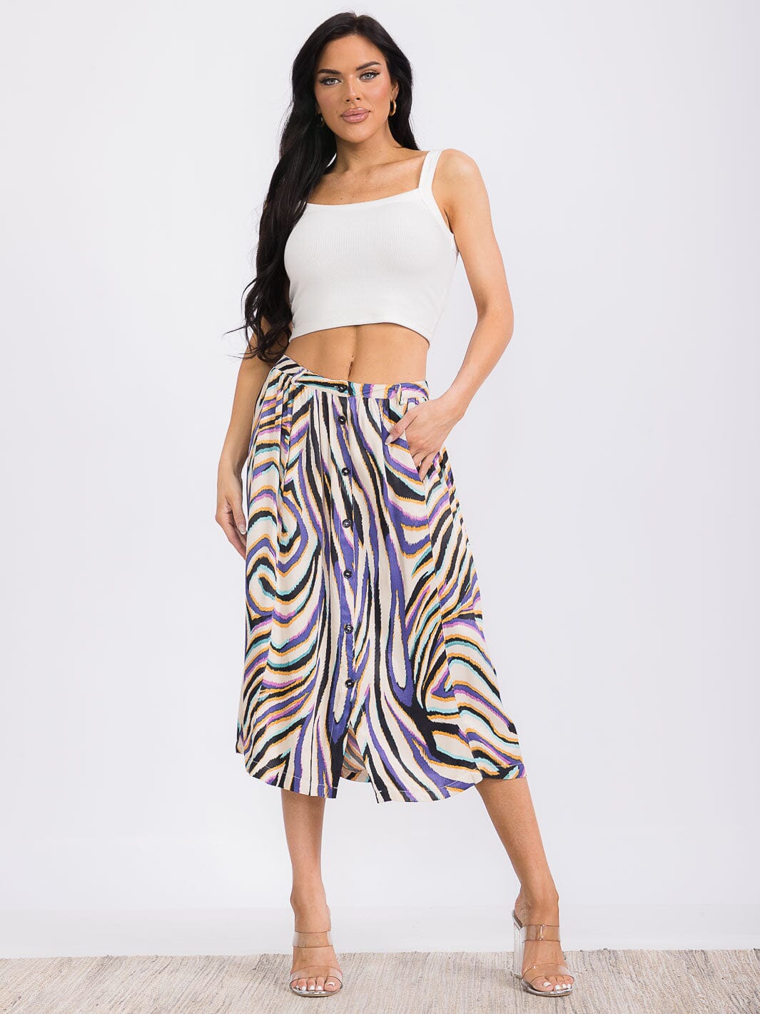 WOMEN'S BUTTON UP MULTI PRINT MIDI SKIRT