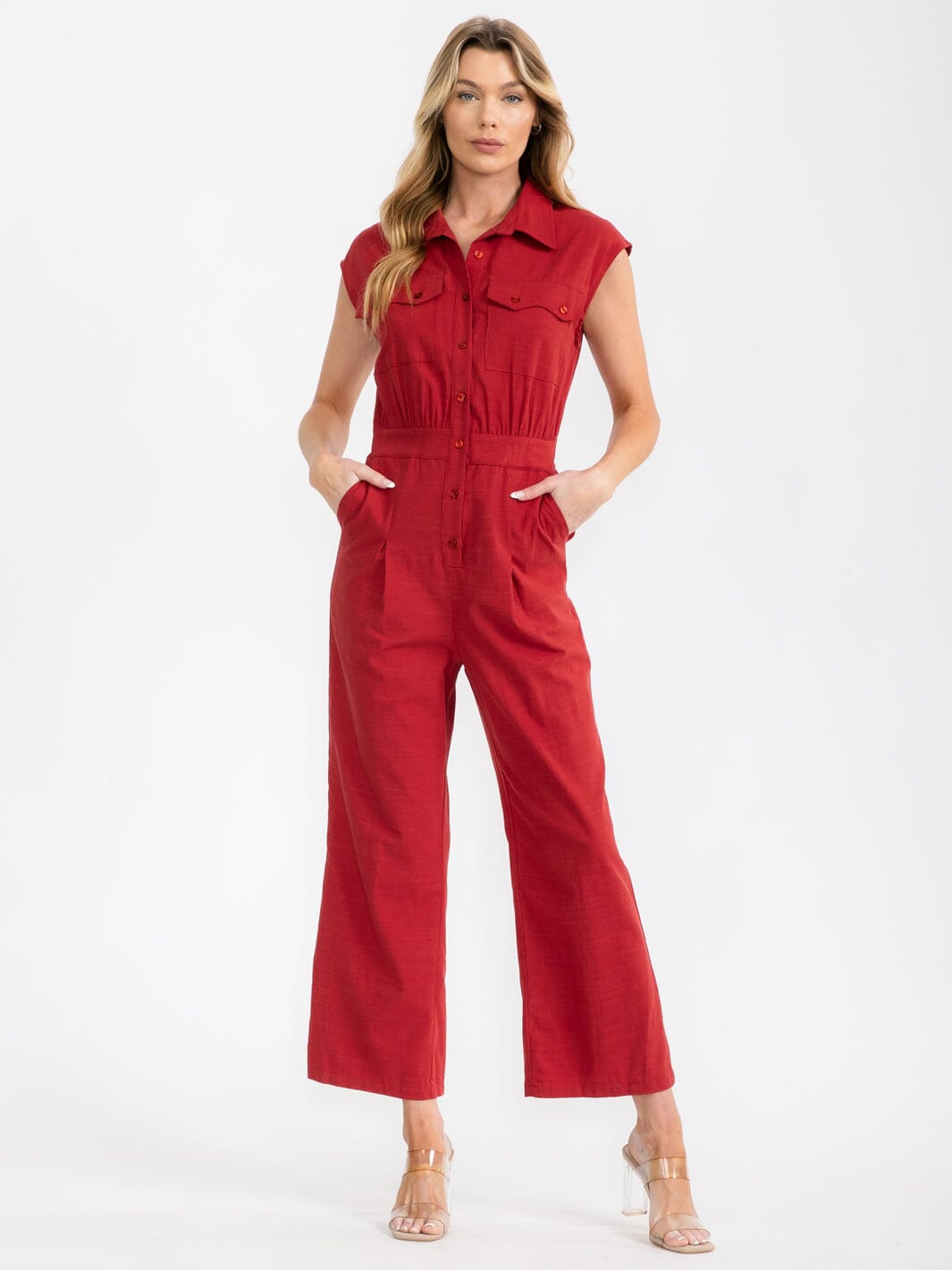 WOMEN'S SLEEVELESS BUTTON UP POCKETS WIDE LEG JUMPSUIT