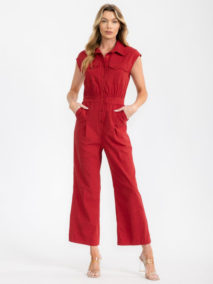 WOMEN'S SLEEVELESS BUTTON UP POCKETS WIDE LEG JUMPSUIT